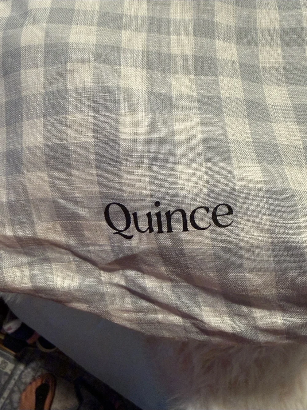Quince European Linen Gingham Queen Sheet Set Blue Fog